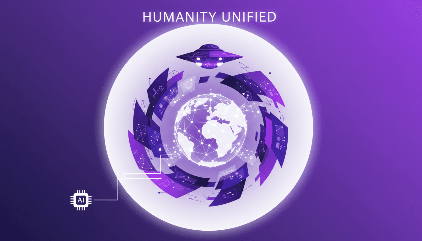 Illustration moderne de l'unité humaine face à une menace extraterrestre, soulignant la coopération mondiale et l'importance de la planète.