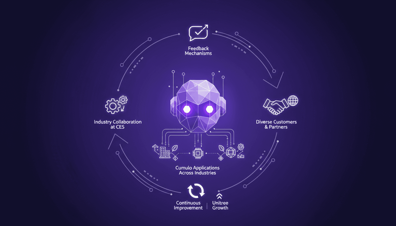 Modern illustration on CES's role in industry collaboration and benefits for Unitree with Cumulo robot across industries.