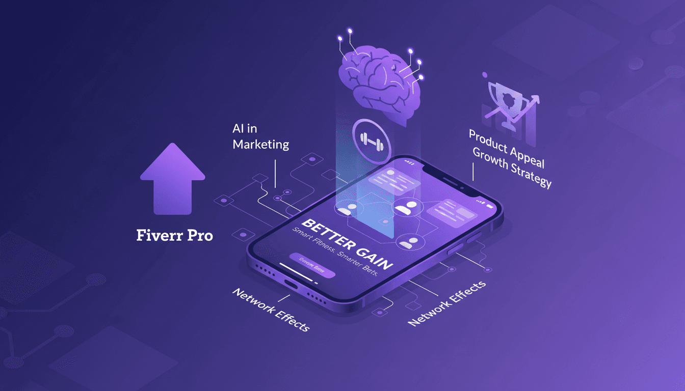 Illustration moderne d'une application de paris fitness, stratégie marketing, utilisation de Fiverr Pro, importance de l'attrait produit et réseaux, rôle de l'IA.