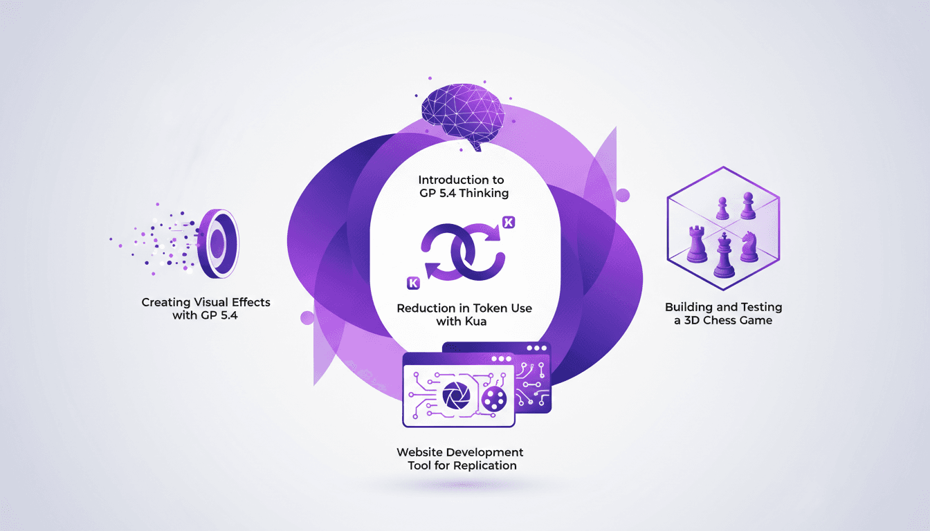 Illustration moderne et minimaliste de GP 5.4 avec formes géométriques, représentant l'IA et la réduction de jetons avec Kua.