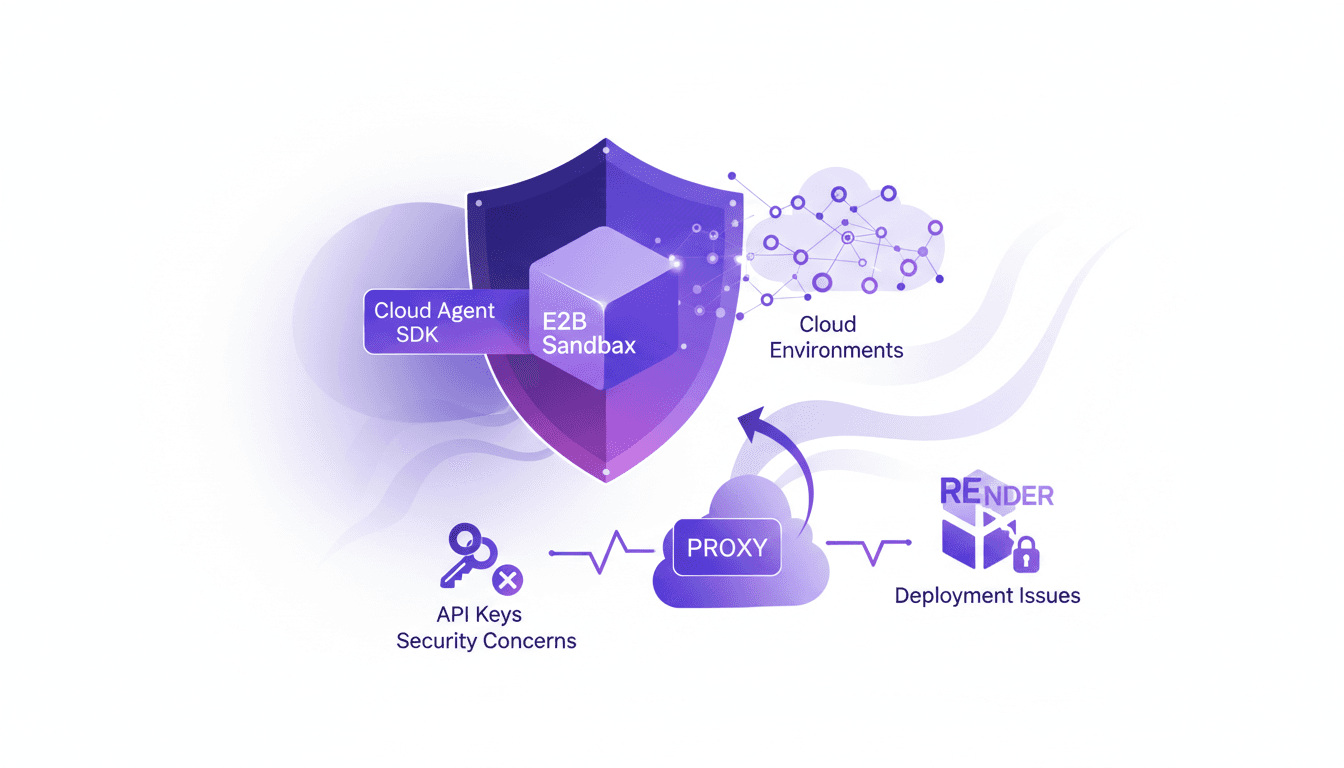 Modern illustration testing cloud agent SDK in E2B sandbox, adapting SDK challenges, API key security, proxy requests, secure deployment.