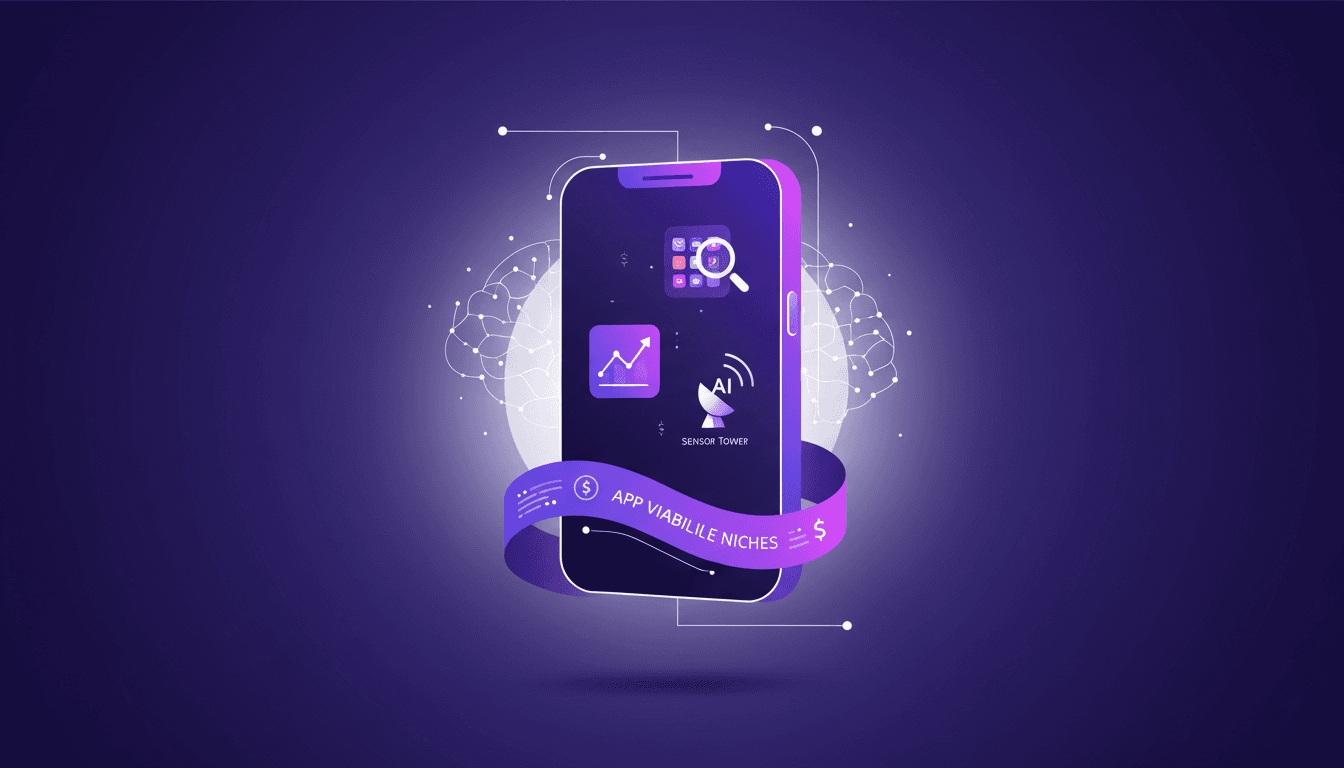 Illustration moderne de développement d'applications, analyse de tendances et viabilité financière, utilisant Sensor Tower pour insights.