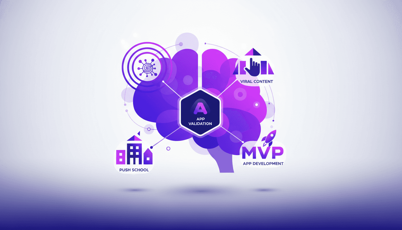 Validation des idées d'app via contenu viral et technologie IA, modèle économique de Push School, importance de la distribution dans le développement d'applications.