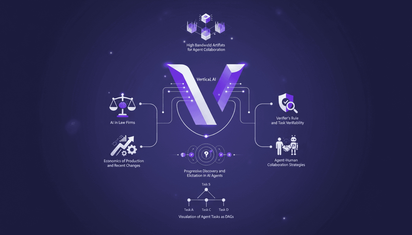 Illustration moderne de l'application de l'IA verticale dans les cabinets d'avocats, avec des graphes DAG et collaboration agent-humain.