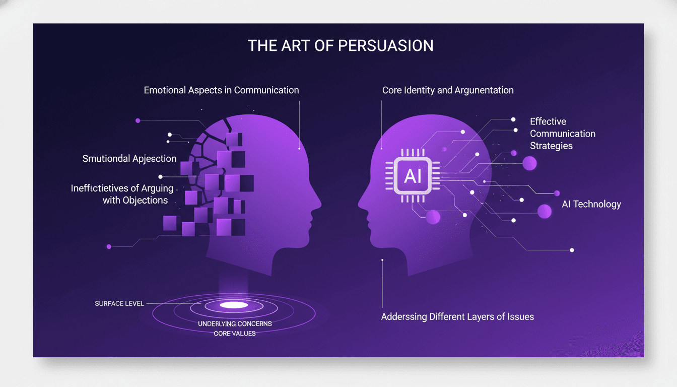 Modern illustration on the ineffectiveness of arguing with objections, layers of issues, emotional communication, effective strategies.