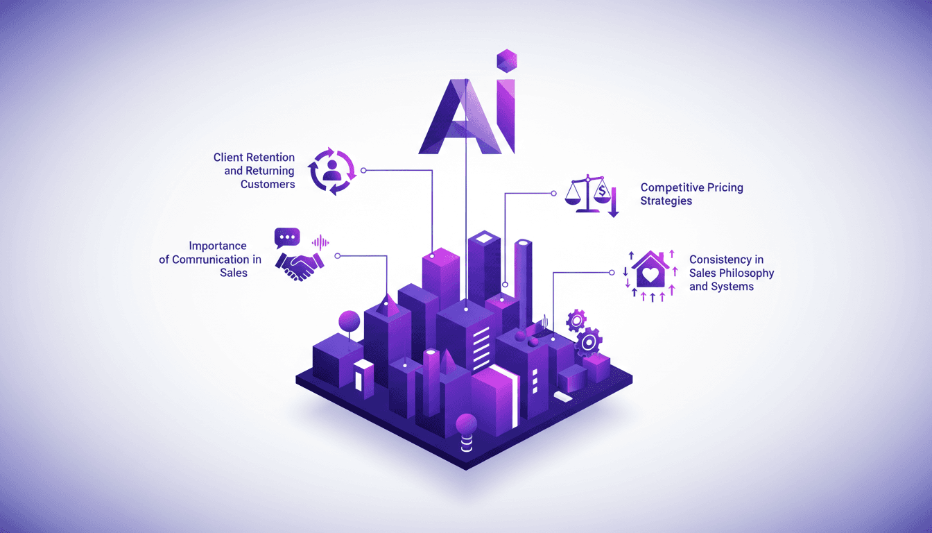 Illustration moderne de rétention client et communication en ventes, stratégies de prix compétitives, besoins clients en immobilier, cohérence des systèmes.