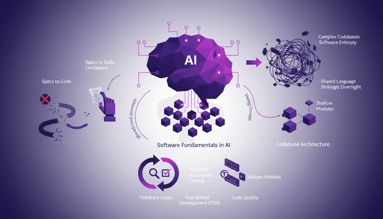 Modern illustration of software fundamentals in AI, challenges of complex codebases, and test-driven development in strategic software.
