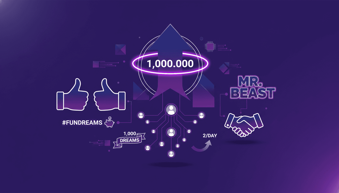 Modern minimalist illustration showing winning $1 million, helping 1,000 people, and collaborating with Mr. BEAST, using AI tech themes.