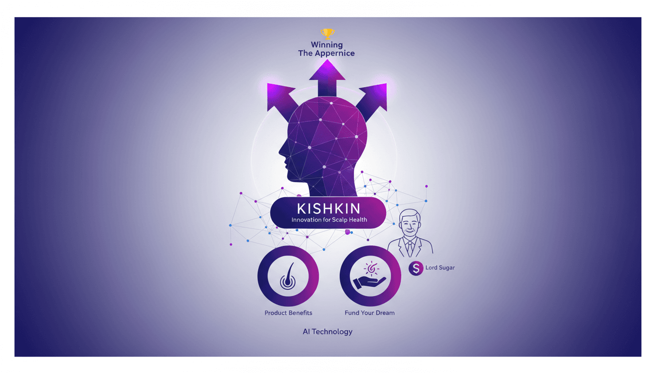 Illustration moderne de la victoire à The Apprentice, promotion de la marque Kishkin, bienfaits pour le cuir chevelu, lien avec Lord Sugar.