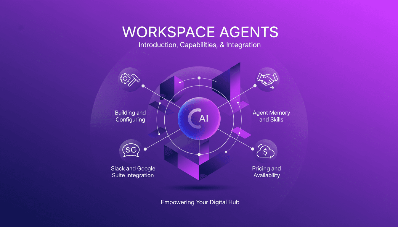 Illustration moderne des agents de Workspace dans ChatGPT, intégration avec Slack et Google Suite, mémoire et compétences des agents.