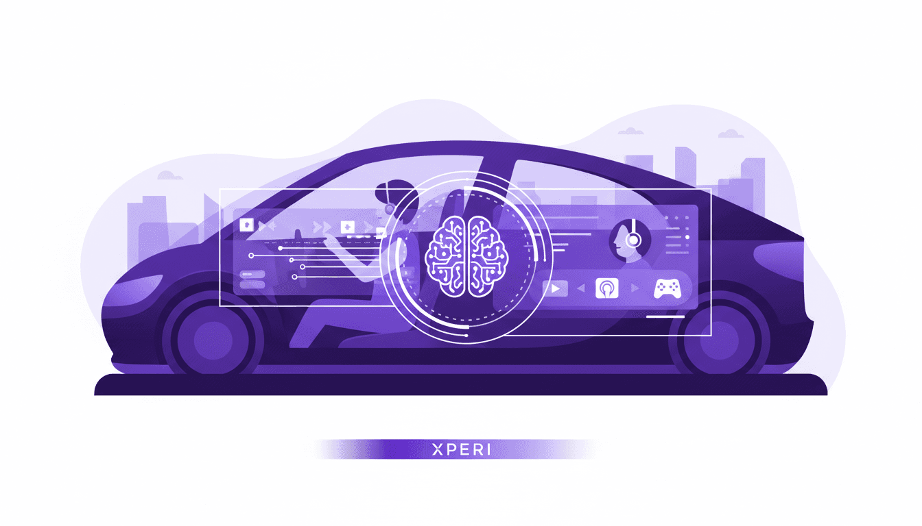 Modern illustration of Xperi in immersive entertainment tech with AI, vehicle integration, and podcasting evolution.